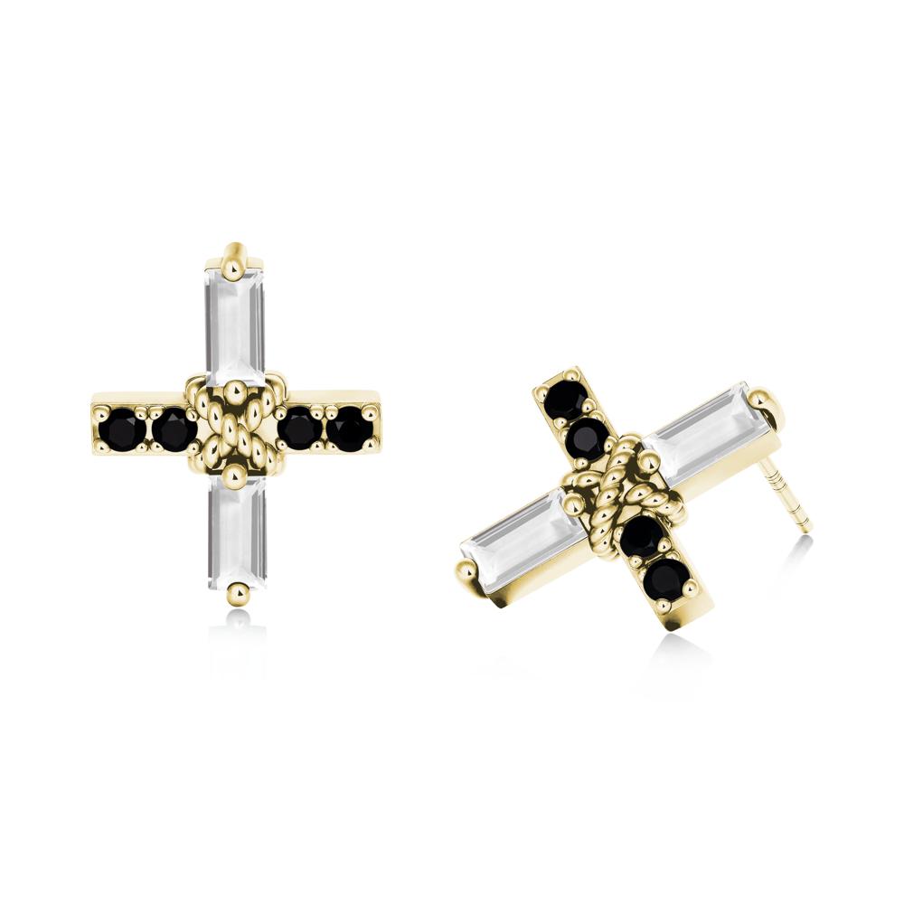 Baguette White Topaz and Black Spinel Green Cross Stud Earrings - LUO Jewelry #metal_18k yellow gold