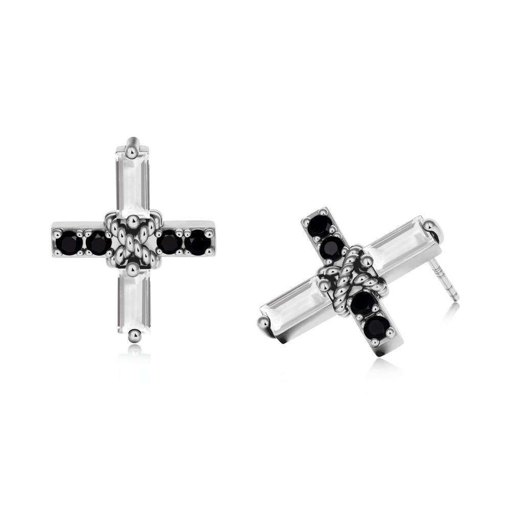 Baguette White Topaz and Black Spinel Green Cross Stud Earrings - LUO Jewelry #metal_platinum