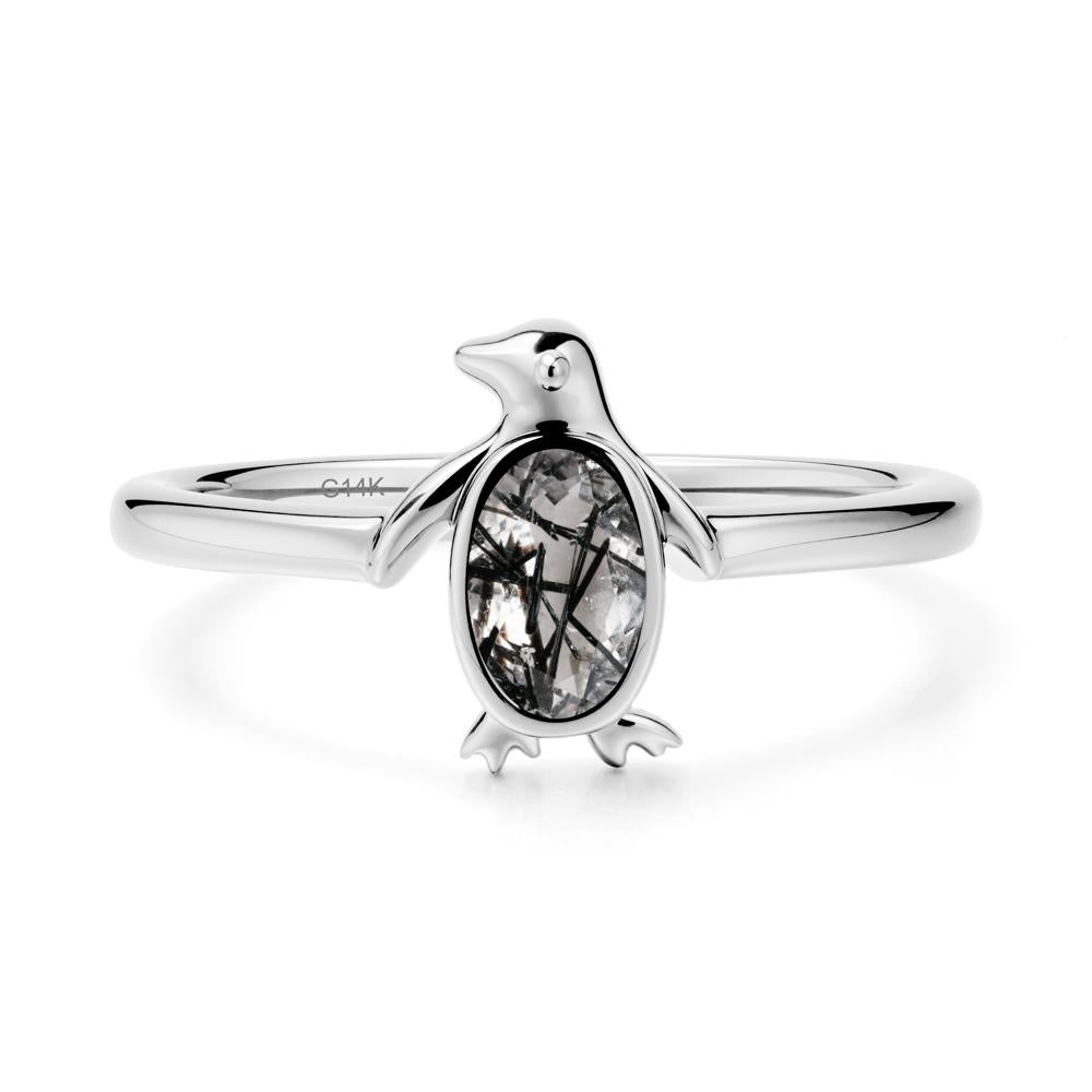 Oval Black Rutilated Quartz Penguin Ring - LUO Jewelry #metal_14k white gold