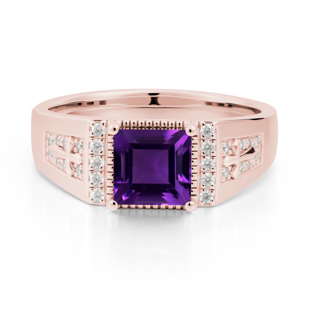 Square Amethyst Cross Ring for Men - LUO Jewelry #metal_18k rose gold