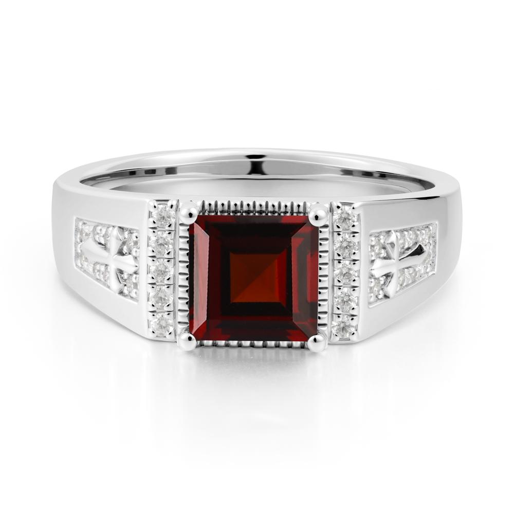 Square Garnet Cross Ring for Men - LUO Jewelry #metal_14k white gold