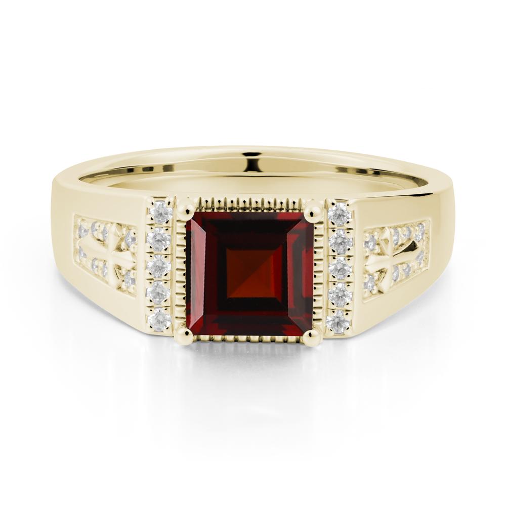 Square Garnet Cross Ring for Men - LUO Jewelry #metal_14k yellow gold