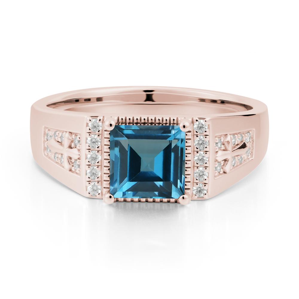 Square London Blue Topaz Cross Ring for Men - LUO Jewelry #metal_14k rose gold