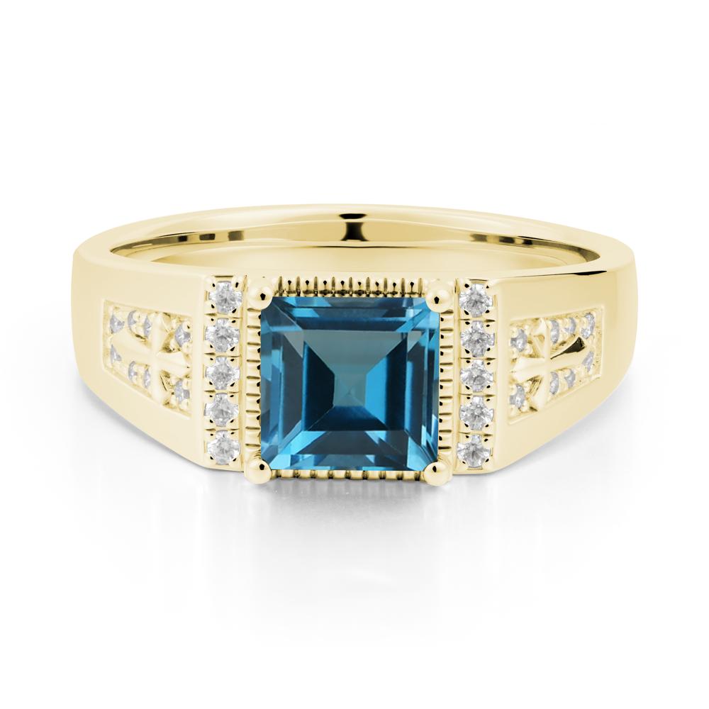 Square London Blue Topaz Cross Ring for Men - LUO Jewelry #metal_18k yellow gold