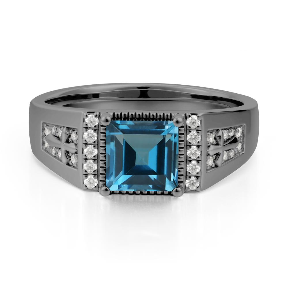 Square London Blue Topaz Cross Ring for Men - LUO Jewelry #metal_black finish sterling silver