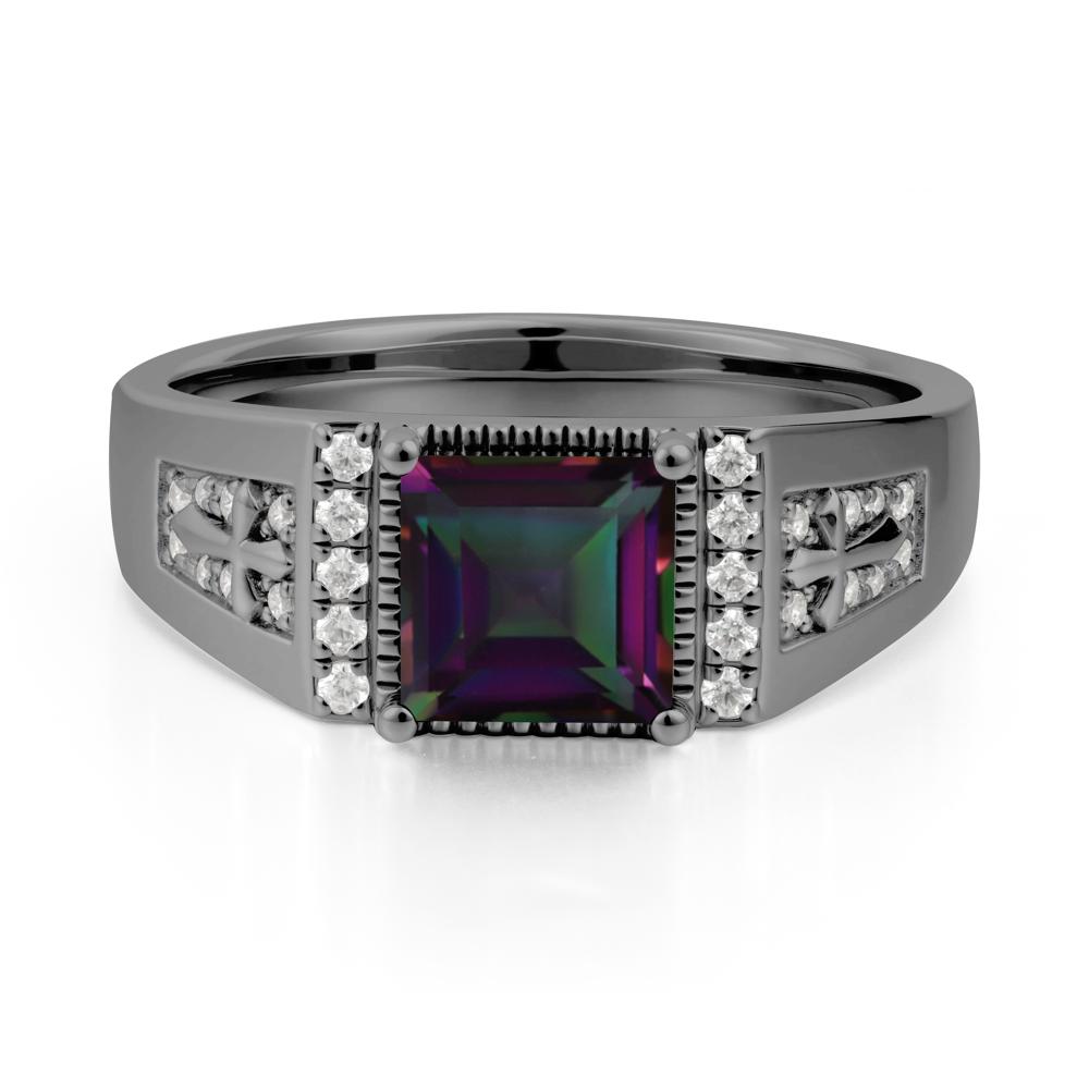 Men Mystic Topaz Statement Ring with Cross - LUO Jewelry #metal_black finish sterling silver