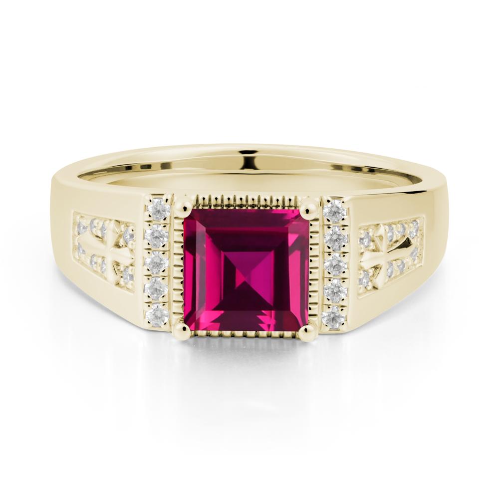 Square Ruby Cross Ring for Men - LUO Jewelry #metal_14k yellow gold