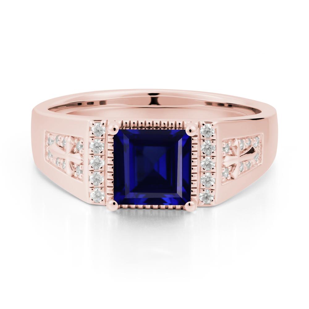 Men Sapphire Statement Ring with Cross - LUO Jewelry #metal_18k rose gold