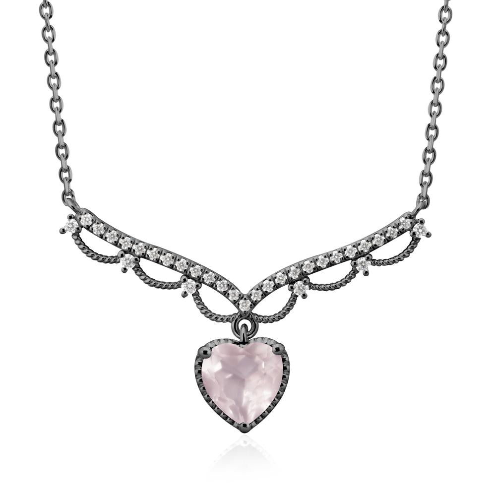 Heart Shaped Rose Quartz Necklace with Pave Accents - LUO Jewelry #metal_black finish sterling silver