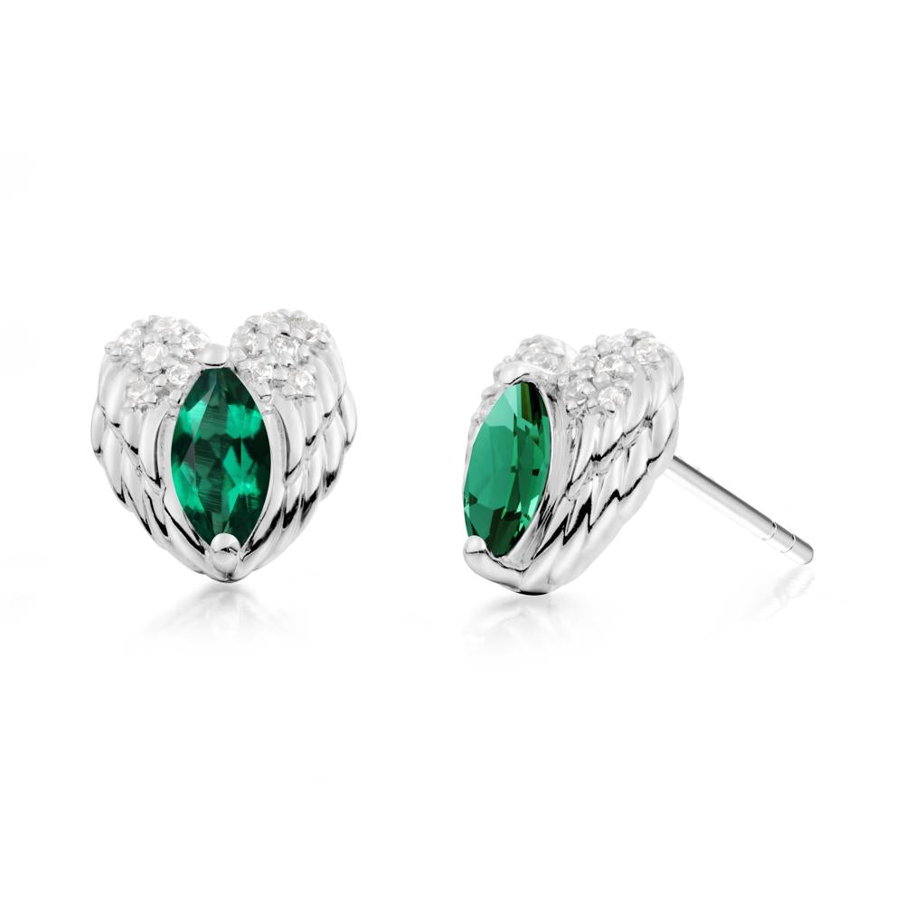 Marquise Emerald Angel Wings Heart Stud Earrings - LUO Jewelry #metal_18k white gold