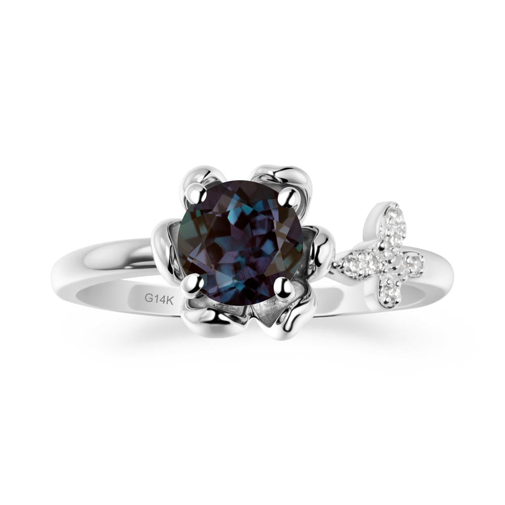 Floral Inspired Alexandrite Ring with Butterfly - LUO Jewelry #metal_14k white gold