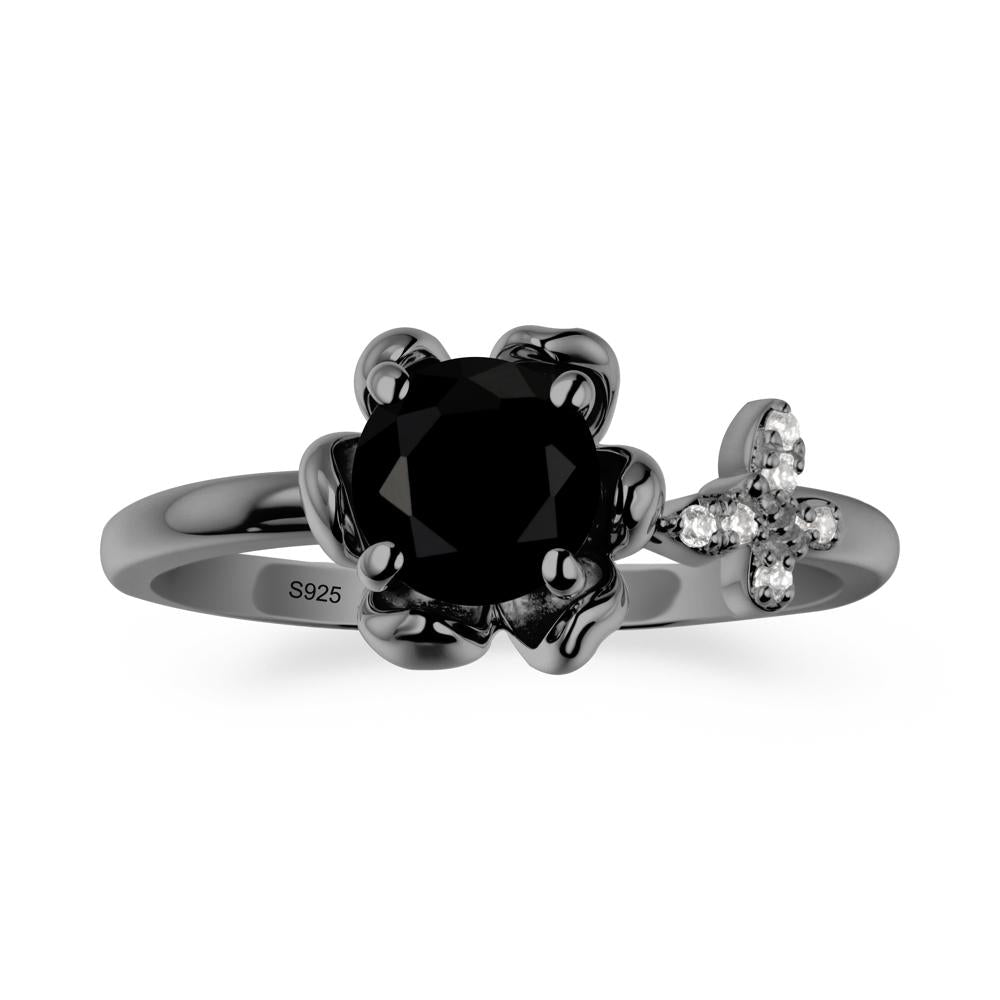 Floral Inspired Black Spinel Ring with Butterfly - LUO Jewelry #metal_black finish sterling silver