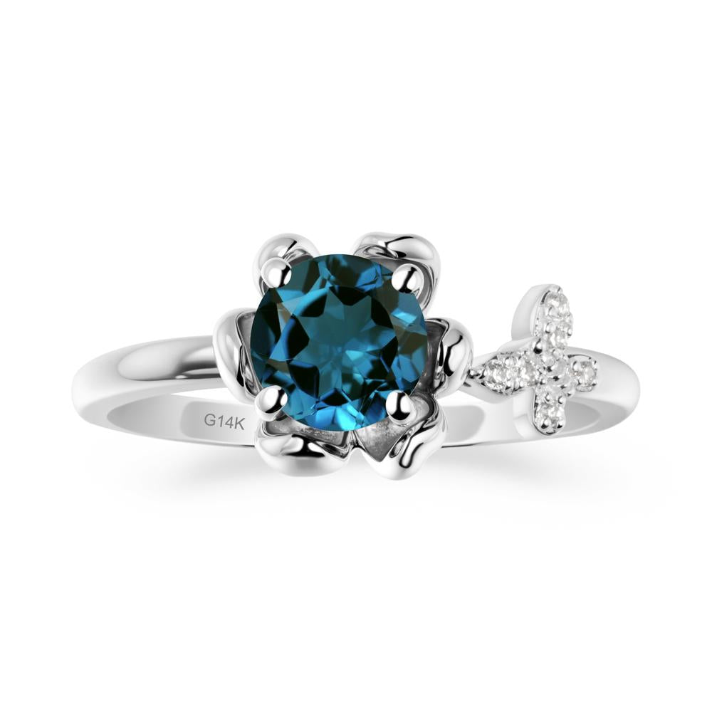 Floral Inspired London Blue Topaz Ring with Butterfly - LUO Jewelry #metal_14k white gold