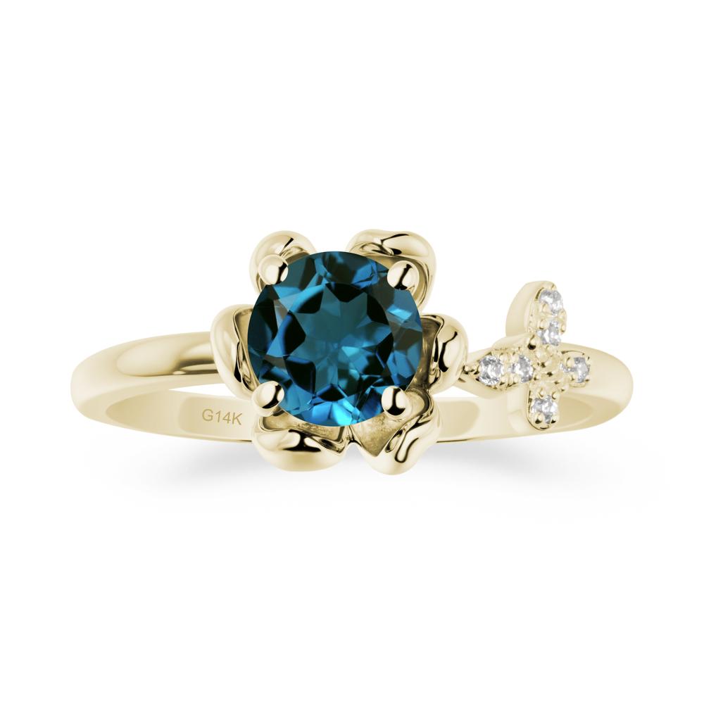 Floral Inspired London Blue Topaz Ring with Butterfly - LUO Jewelry #metal_14k yellow gold
