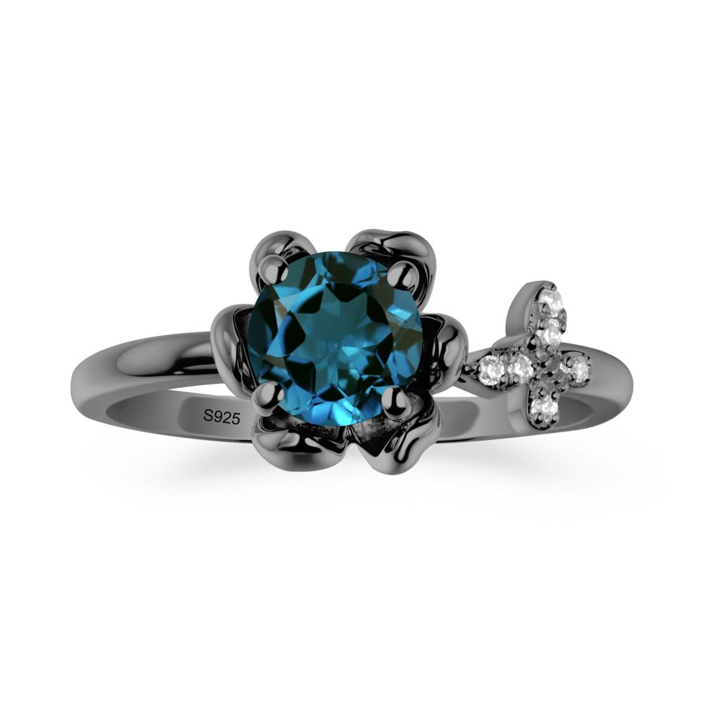 Floral Inspired London Blue Topaz Ring with Butterfly - LUO Jewelry #metal_black finish sterling silver