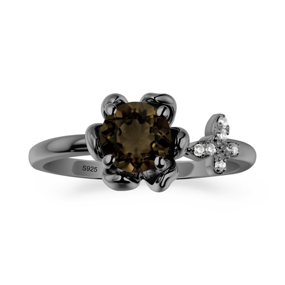 Floral Inspired Smoky Quartz Ring with Butterfly - LUO Jewelry #metal_black finish sterling silver