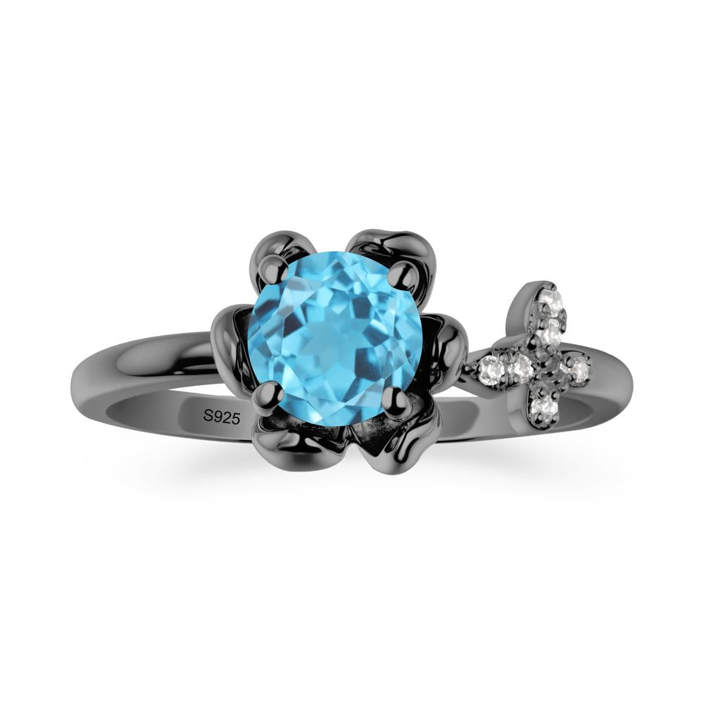 Round Swiss Blue Topaz Petal Halo Ring - LUO Jewelry #metal_black finish sterling silver