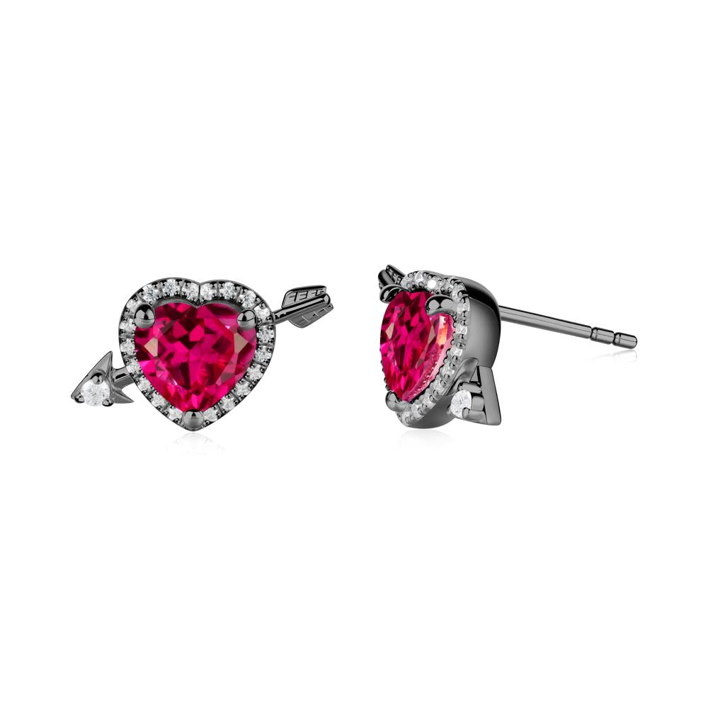 Cupid's Arrow Heart Shaped Ruby Stud Earrings - LUO Jewelry #metal_black finish sterling silver