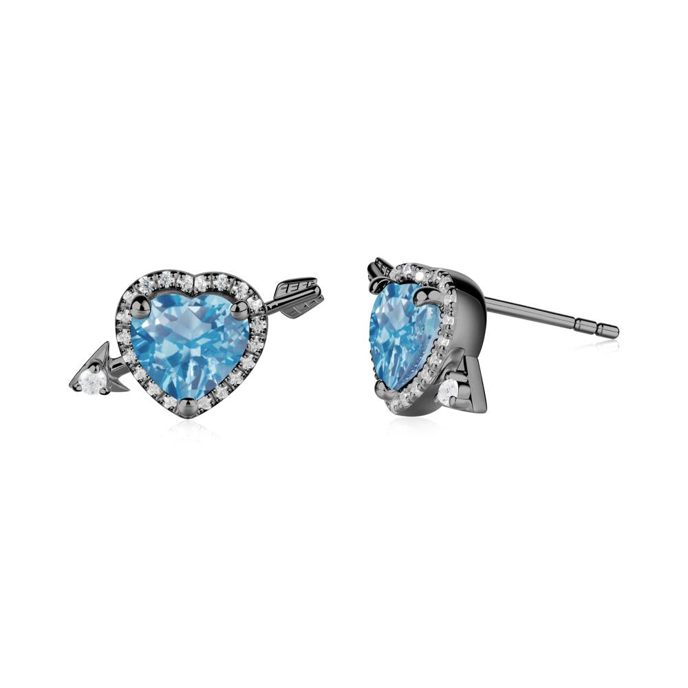 Heart Shaped Swiss Blue Topaz Cupid's Arrow Stud Earrings - LUO Jewelry #metal_black finish sterling silver