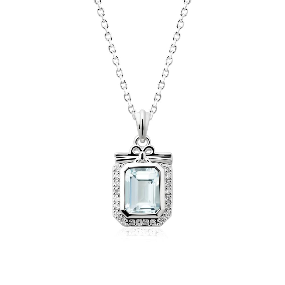 Engravable Year Aquamarine Halo Pendant Necklace - LUO Jewelry #metal_14k white gold
