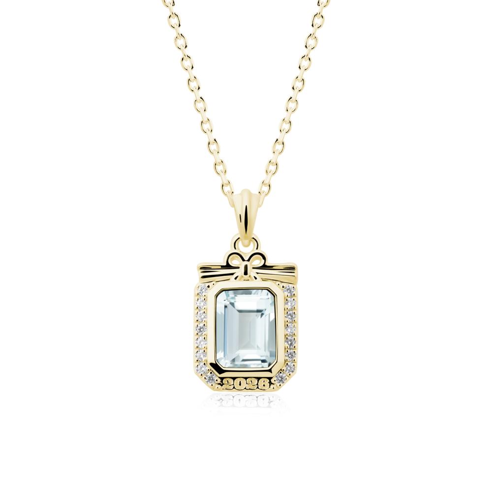 Engravable Year Aquamarine Halo Pendant Necklace - LUO Jewelry #metal_18k yellow gold