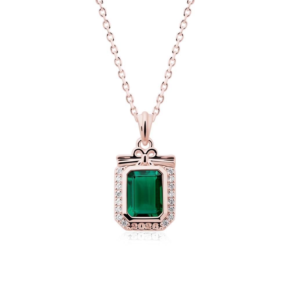 Engravable Year Emerald Halo Pendant Necklace - LUO Jewelry #metal_18k rose gold