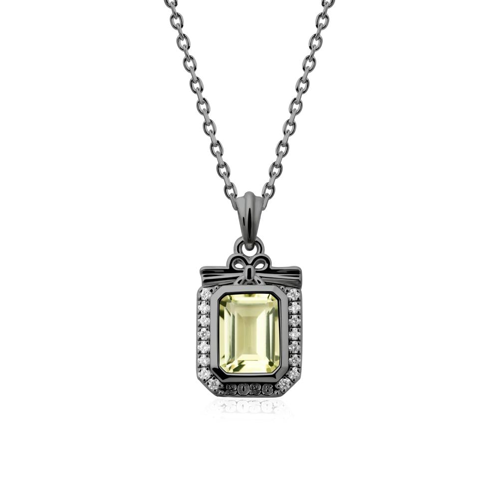 Engravable Year Lemon Quartz Halo Pendant Necklace - LUO Jewelry #metal_black finish sterling silver