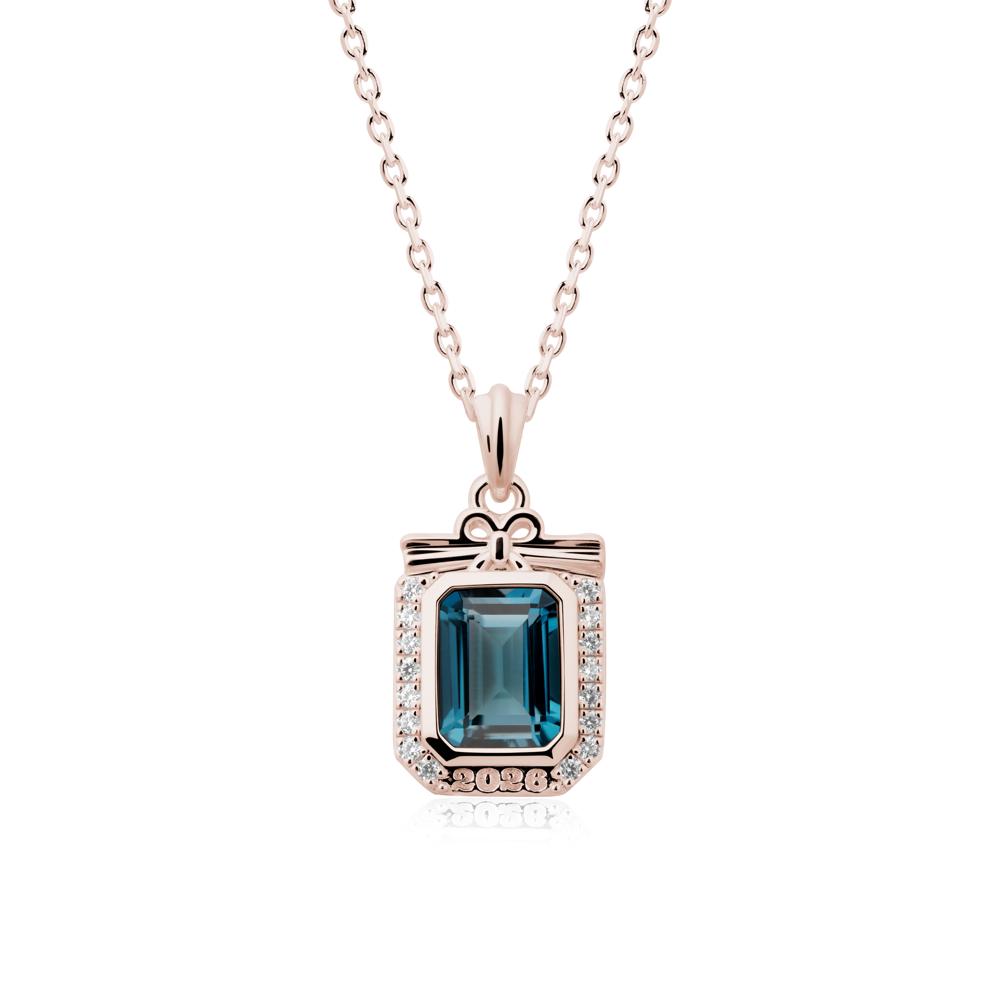 Personalized Graduation London Blue Topaz Halo Necklace - LUO Jewelry #metal_14k rose gold