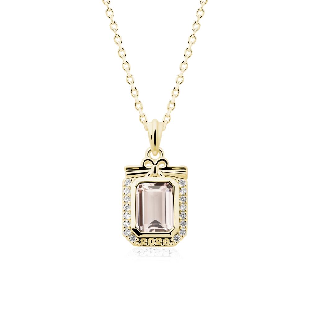 Engravable Year Morganite Halo Pendant Necklace - LUO Jewelry #metal_18k yellow gold