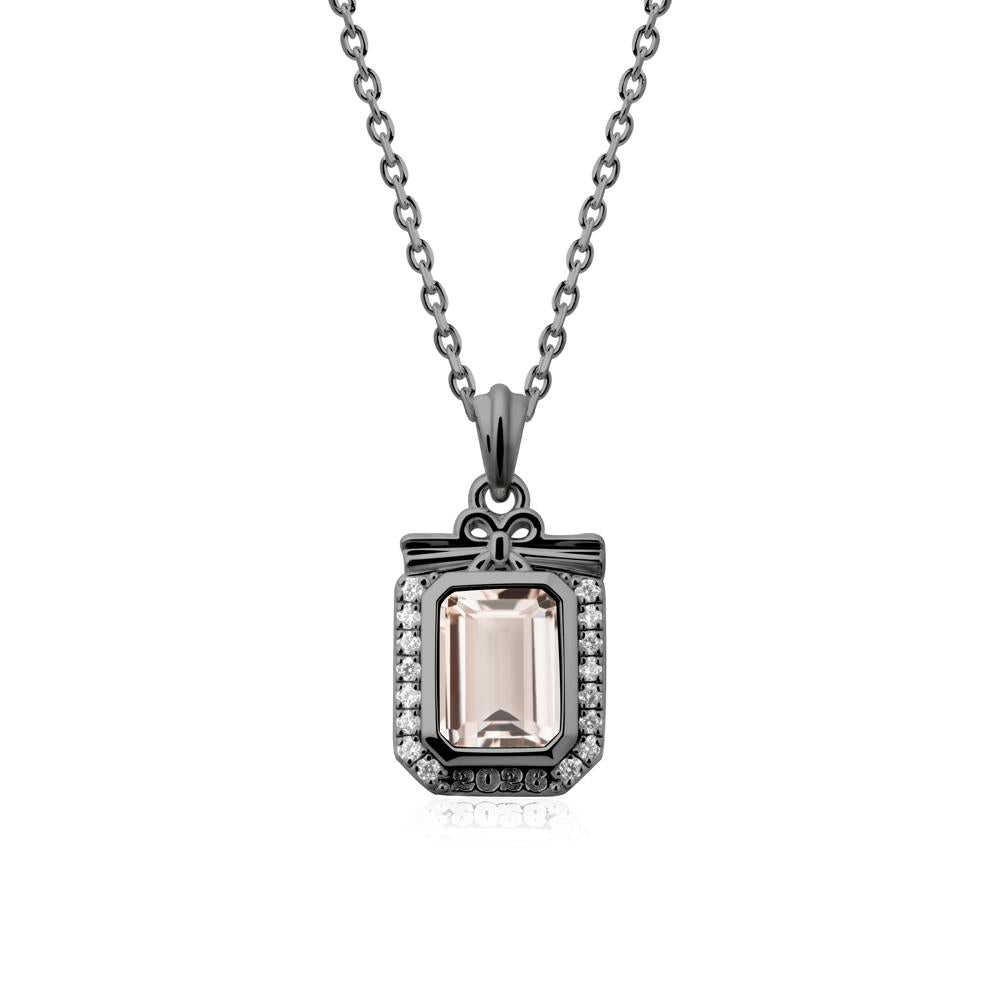 Engravable Year Morganite Halo Pendant Necklace - LUO Jewelry #metal_black finish sterling silver
