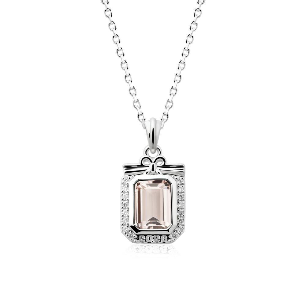 Engravable Year Morganite Halo Pendant Necklace - LUO Jewelry #metal_sterling silver