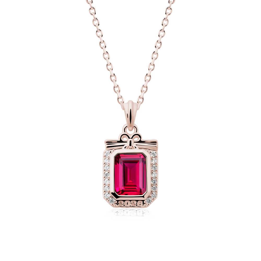Engravable Year Ruby Halo Pendant Necklace - LUO Jewelry #metal_14k rose gold