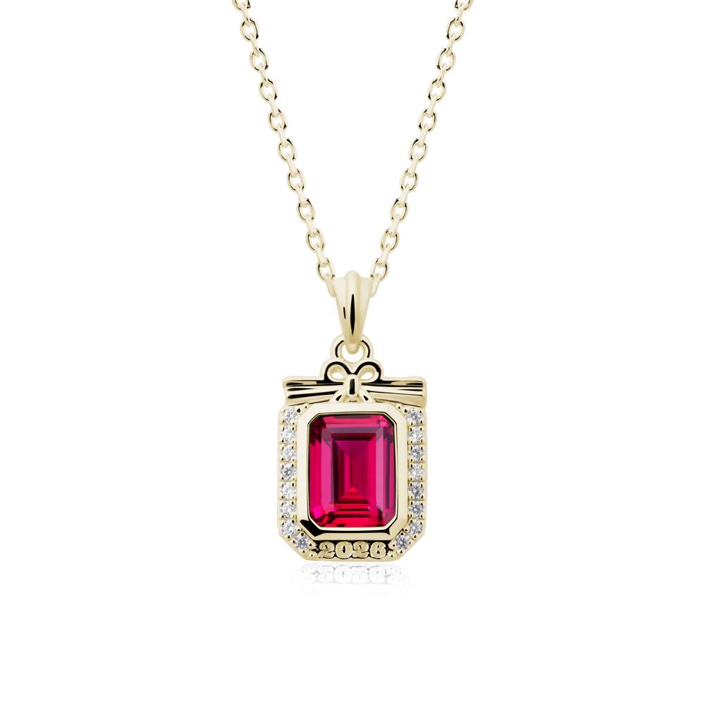 Engravable Year Ruby Halo Pendant Necklace - LUO Jewelry #metal_14k yellow gold