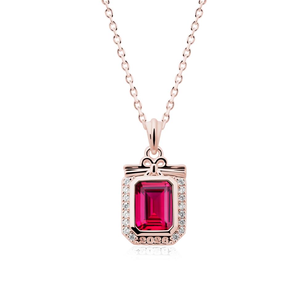 Engravable Year Ruby Halo Pendant Necklace - LUO Jewelry #metal_18k rose gold