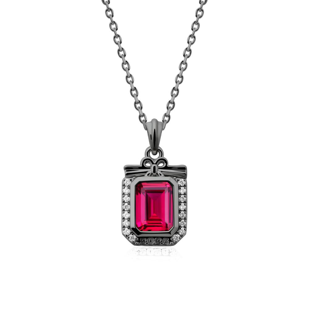 Engravable Year Ruby Halo Pendant Necklace - LUO Jewelry #metal_black finish sterling silver