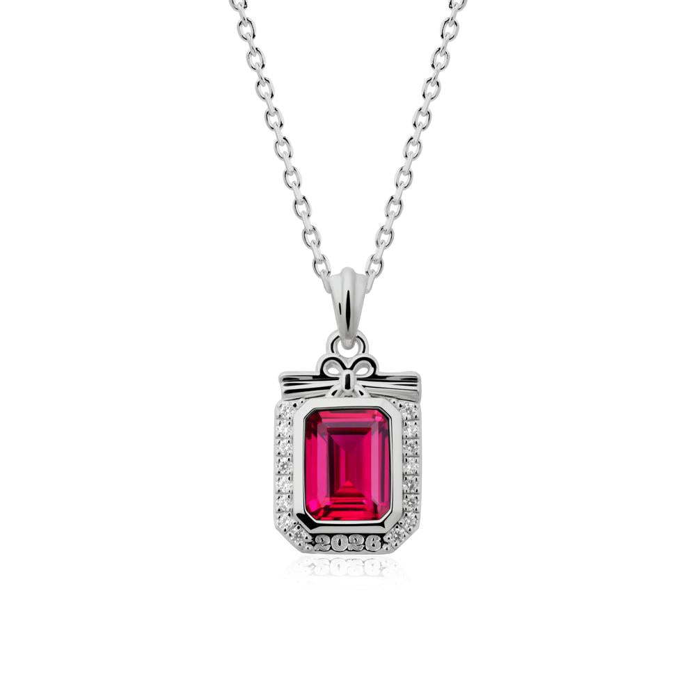 Engravable Year Ruby Halo Pendant Necklace - LUO Jewelry #metal_platinum