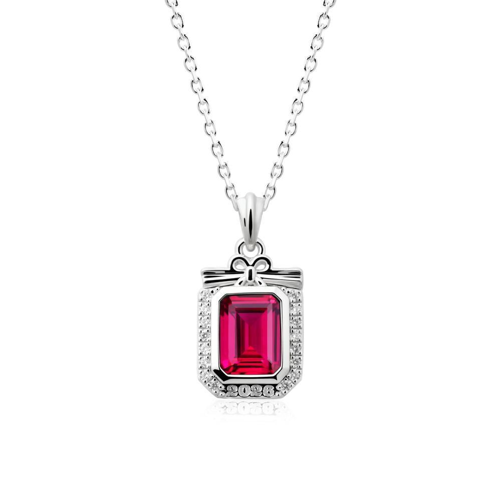 Engravable Year Ruby Halo Pendant Necklace - LUO Jewelry #metal_sterling silver