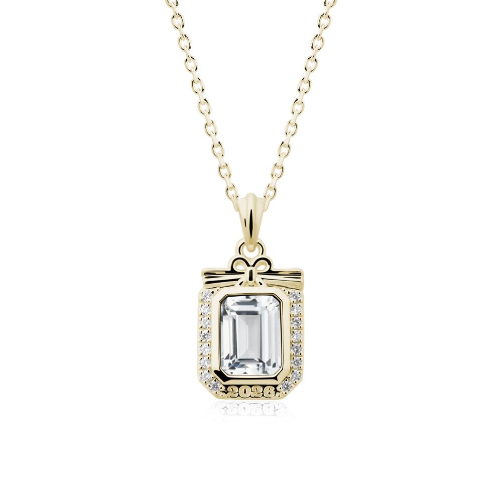 Engravable Year White Topaz Halo Pendant Necklace - LUO Jewelry #metal_14k yellow gold