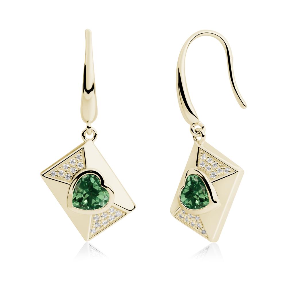 Bezel Set Heart Shaped Green Sapphire Shepherd Hook Earrings - LUO Jewelry #metal_14k yellow gold