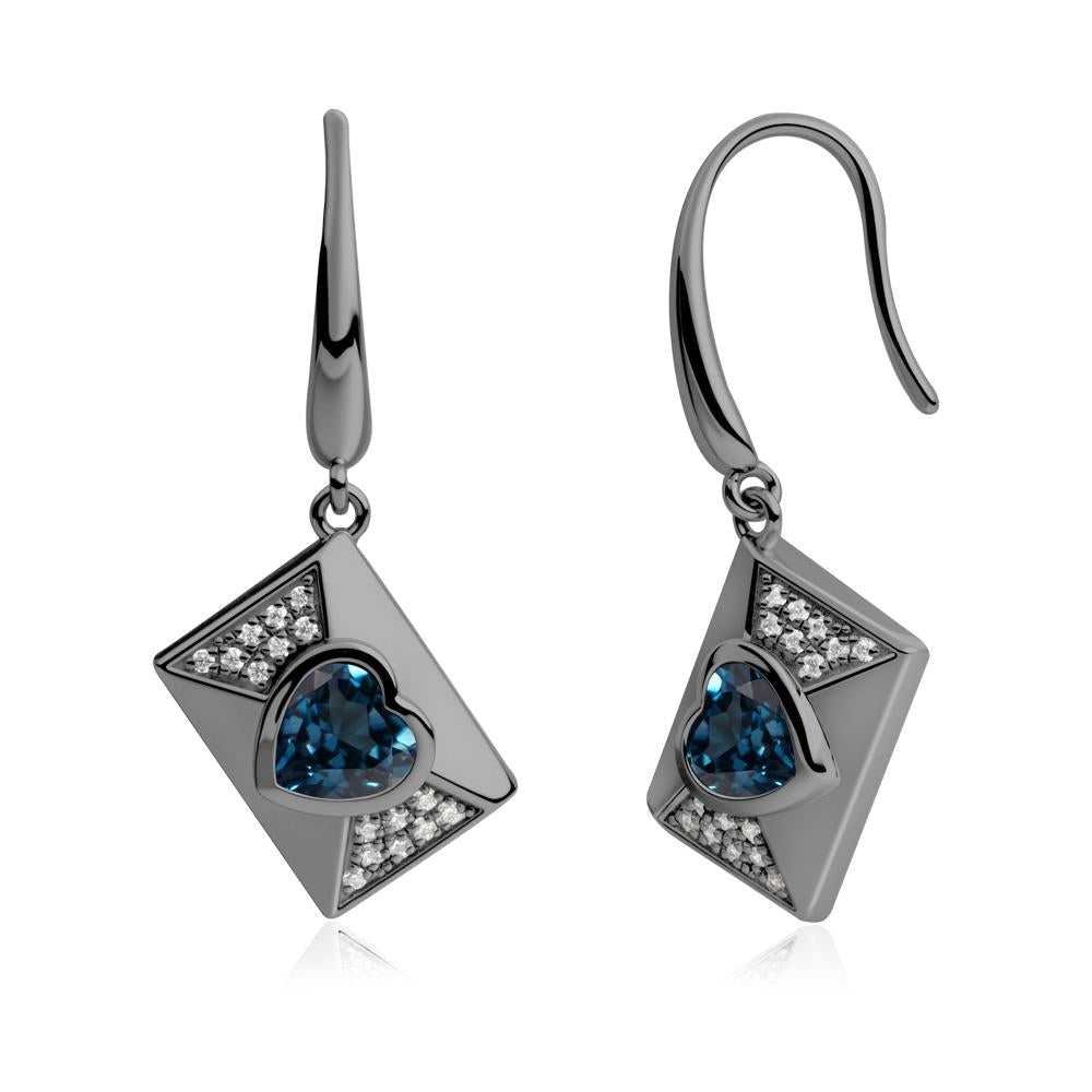 Bezel Set Heart Shaped London Blue Topaz Shepherd Hook Earrings - LUO Jewelry #metal_black finish sterling silver
