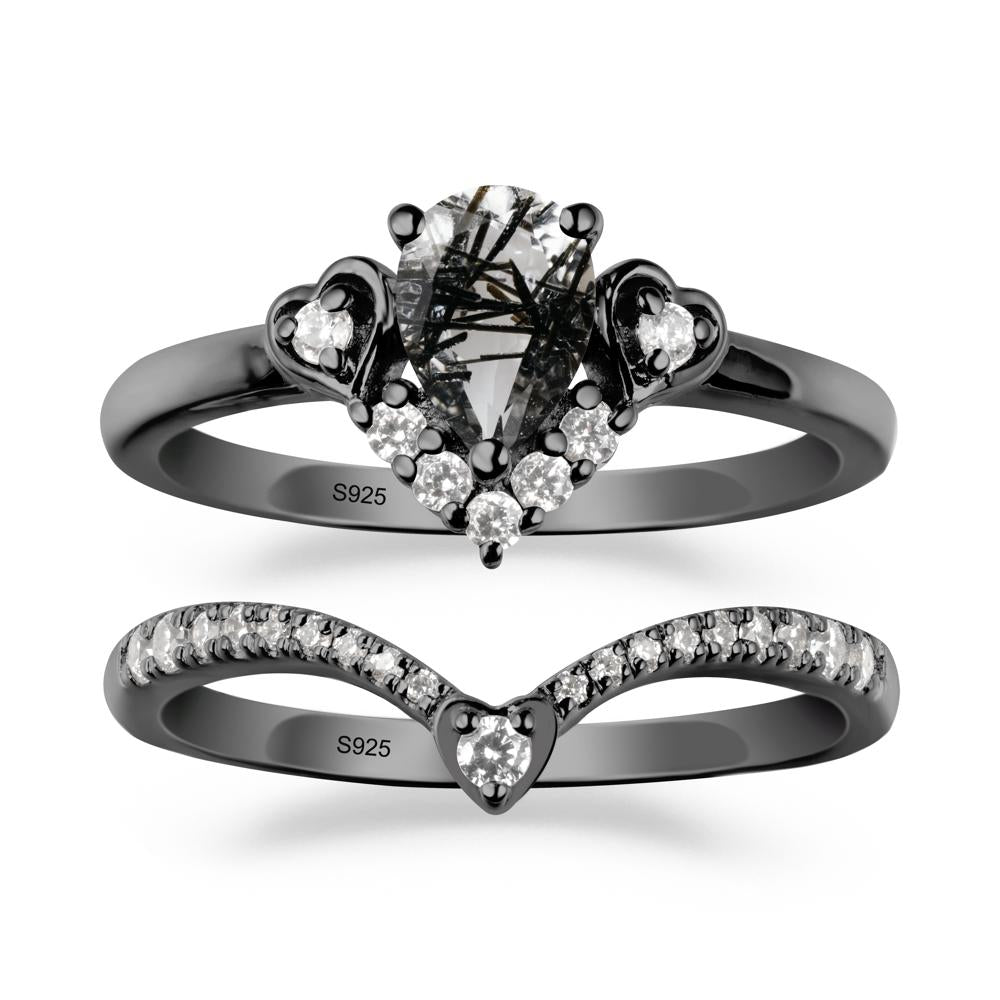 Pear-Cut Black Rutilated Quartz Heart Bridal Set - LUO Jewelry #metal_xxxxx
