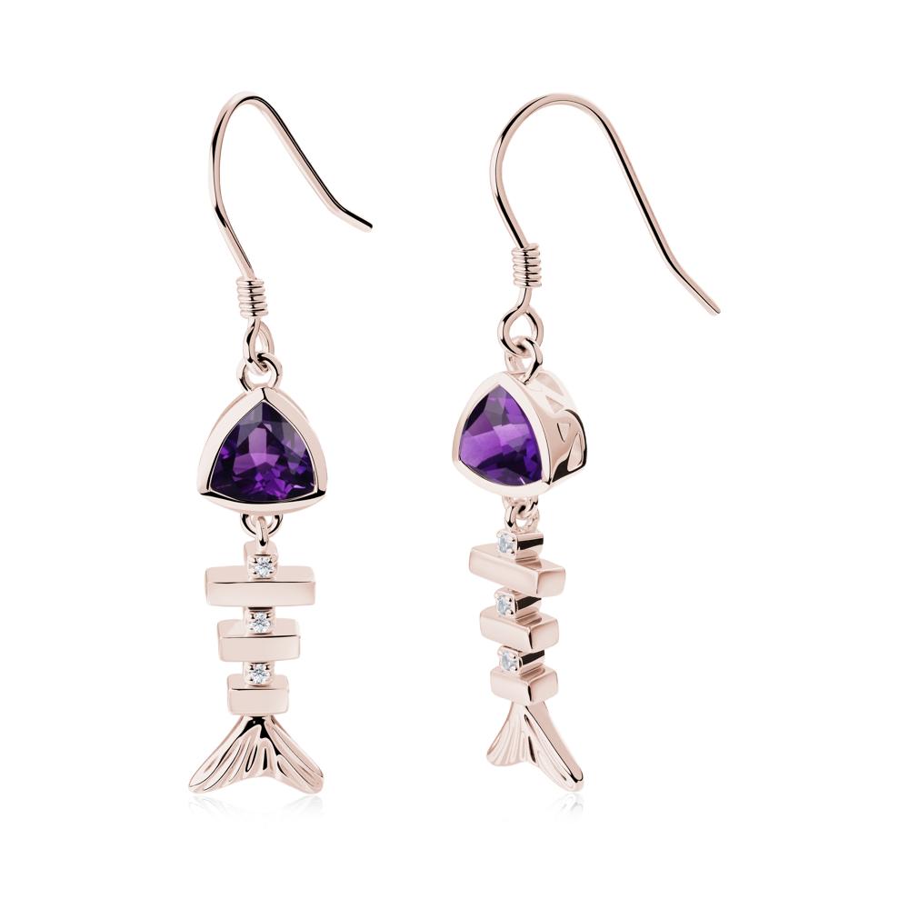 Bezel Trillion Cut Amethyst Fishbone Dangle Earrings - LUO Jewelry #metal_14k rose gold