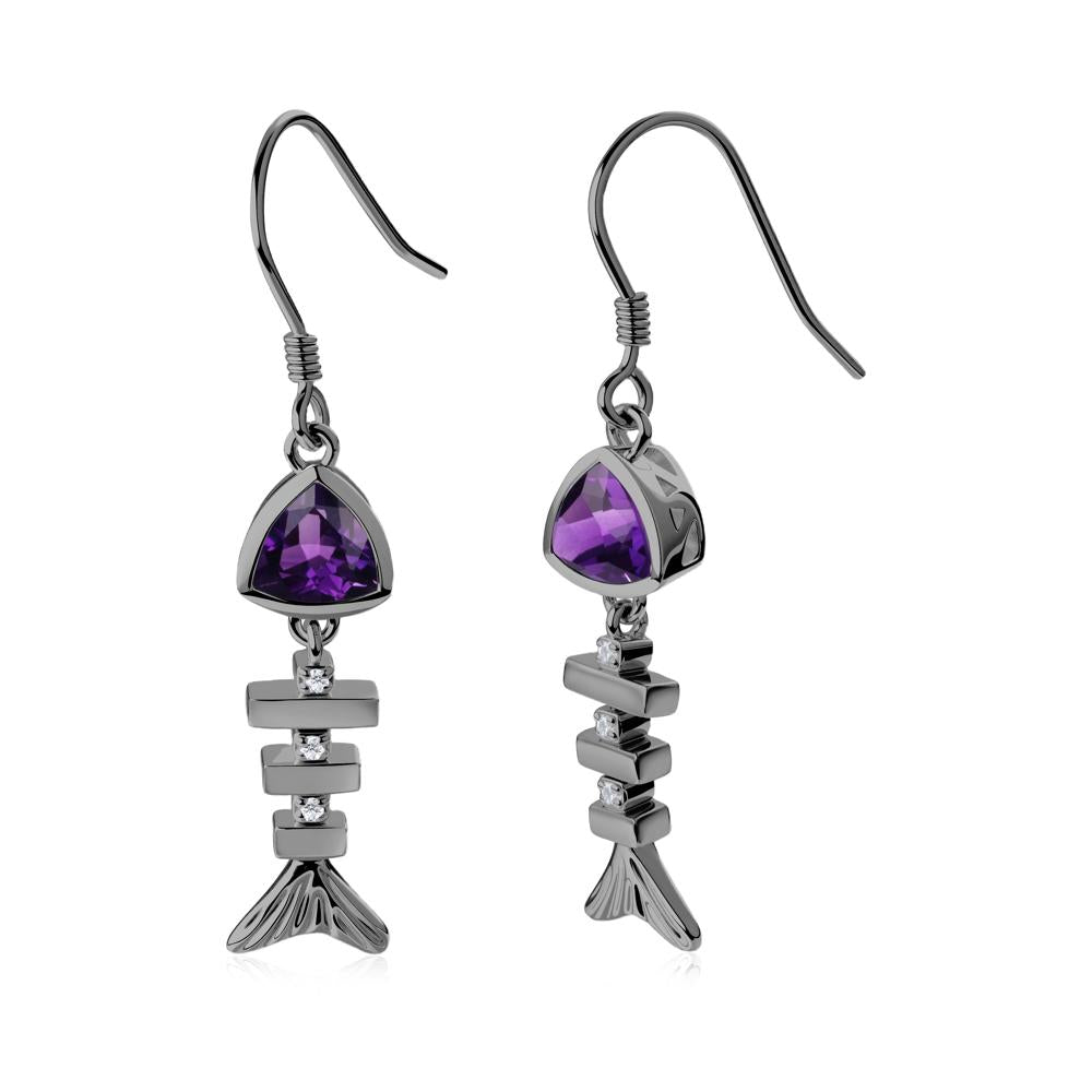 Bezel Trillion Cut Amethyst Fishbone Dangle Earrings - LUO Jewelry #metal_black finish sterling silver