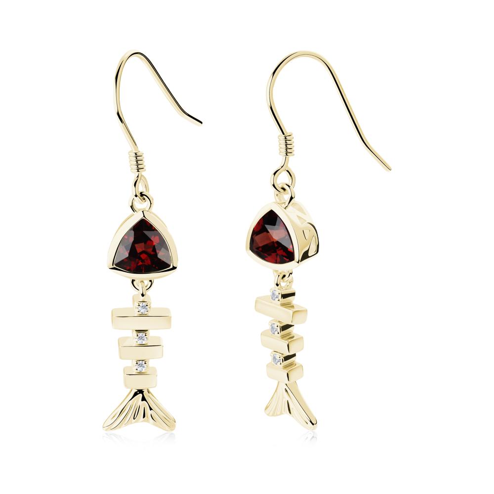 Movable Fishbone Garnet Fish Hook Earrings - LUO Jewelry #metal_18k yellow gold