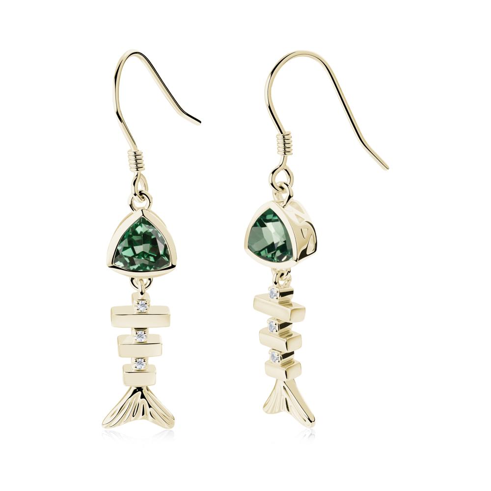 Bezel Trillion Cut Green Sapphire Fishbone Dangle Earrings - LUO Jewelry #metal_14k yellow gold