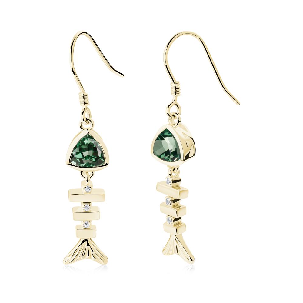 Bezel Trillion Cut Green Sapphire Fishbone Dangle Earrings - LUO Jewelry #metal_18k yellow gold