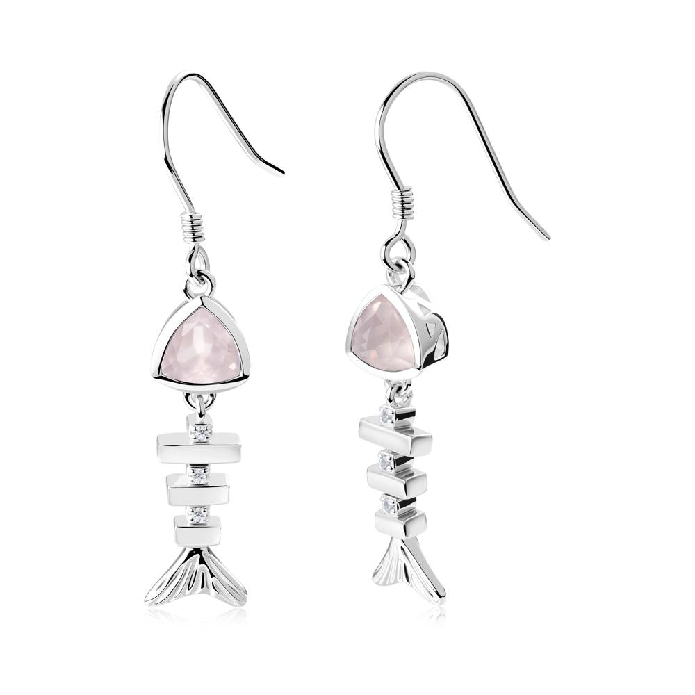 Movable Fishbone Rose Quartz Fish Hook Earrings - LUO Jewelry #metal_18k white gold