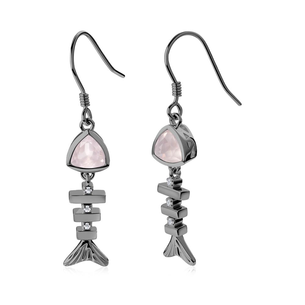 Movable Fishbone Rose Quartz Fish Hook Earrings - LUO Jewelry #metal_black finish sterling silver
