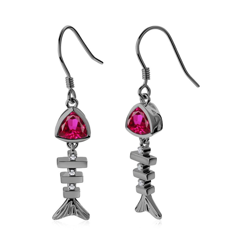 Movable Fishbone Ruby Fish Hook Earrings - LUO Jewelry #metal_black finish sterling silver