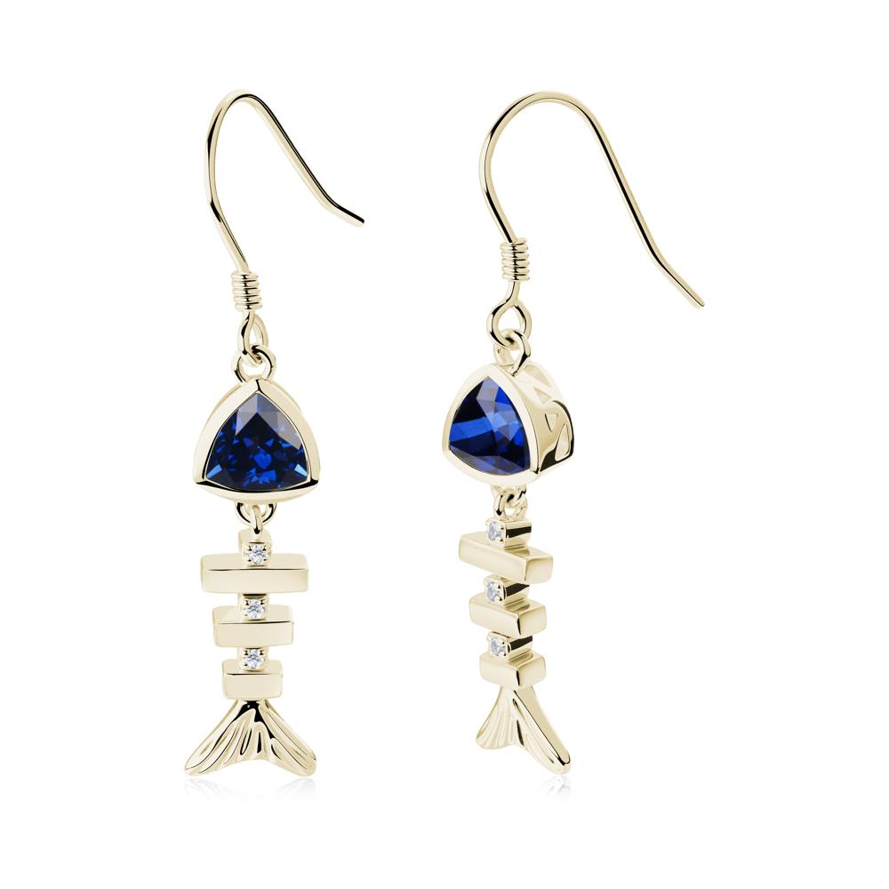 Bezel Trillion Cut Sapphire Fishbone Dangle Earrings - LUO Jewelry #metal_14k yellow gold